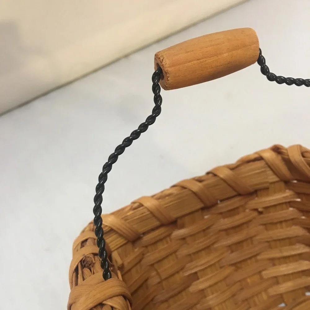 Miniature Woven Splint Basket Small Brown Rustic Wire Handle Decor Storage Boho